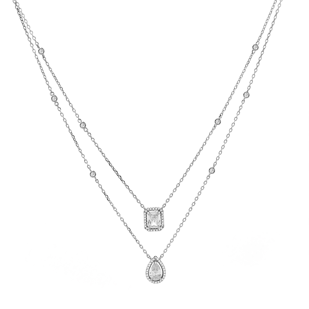 Kristal Taşlı Gümüş Baget Çiftli Kolye (Altın Kaplama)  - N0892